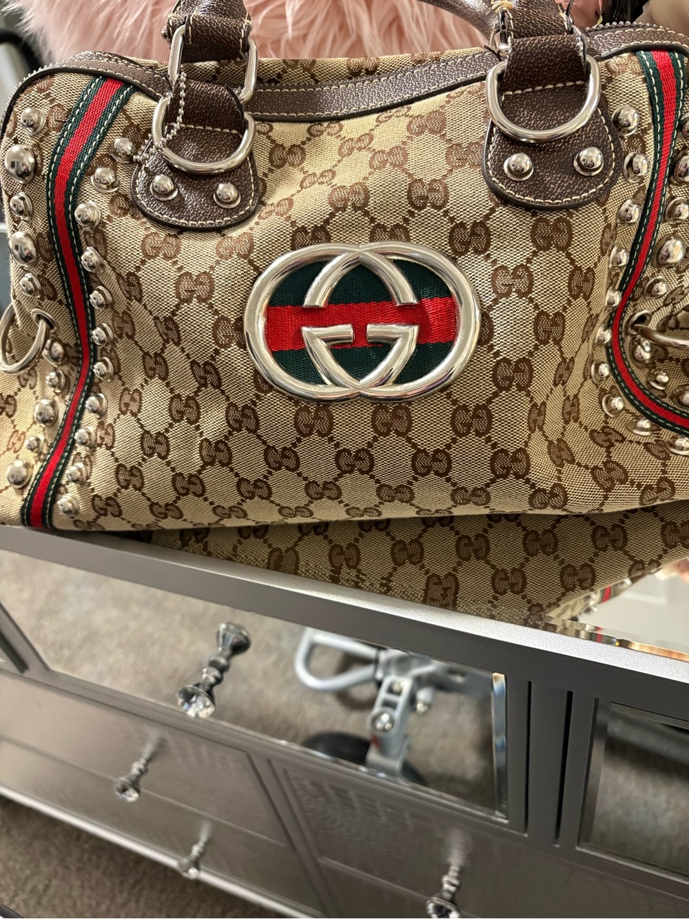 Brown GG Canvas Studded Satchel with Red & Green Web - Picture 4 of 12